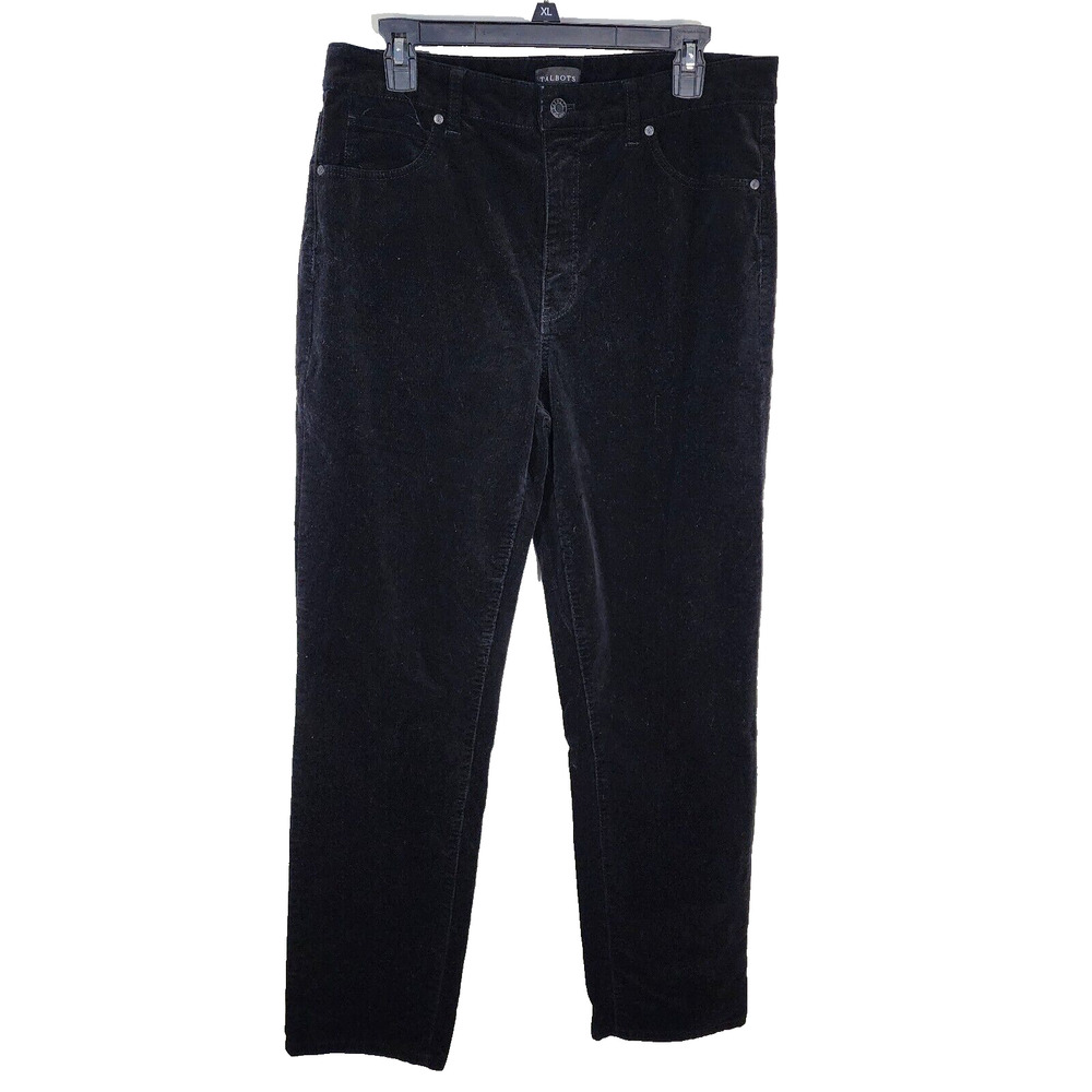 Talbots Pants Women Size 12 Black Straight Leg Corduroy High Rise Stretch Pocket
